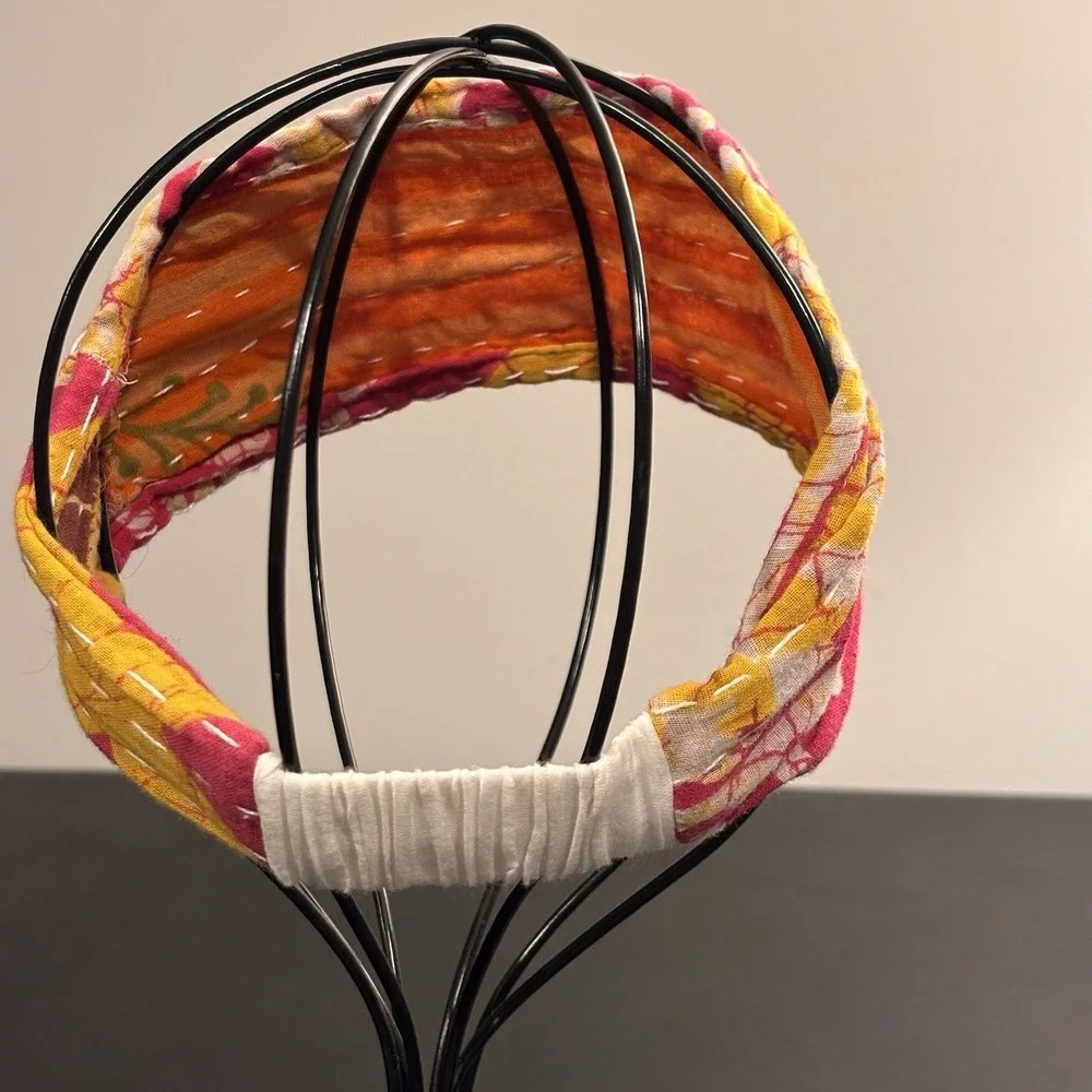 Handmade Kantha Cotton Pink Yellow Women's Stretch Headband One Size Fits Most